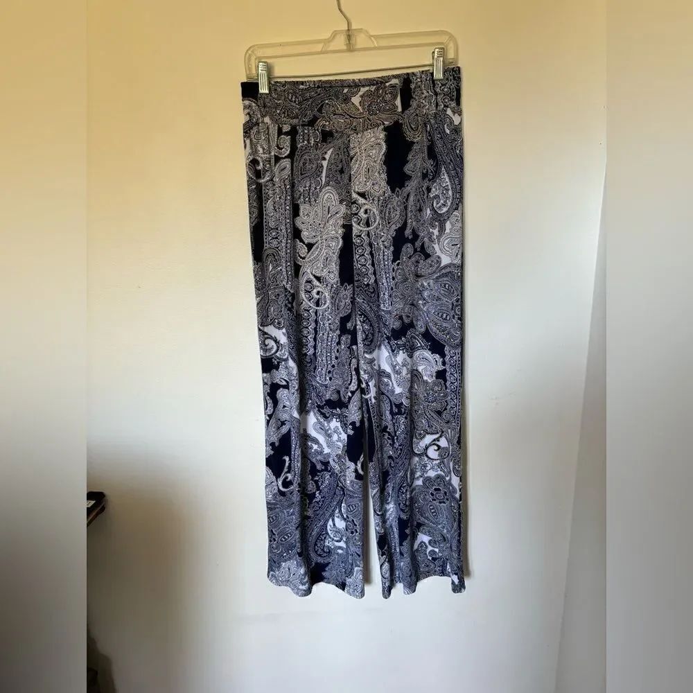 Carmen Marc Valvo Paisley Wide Leg Pull-On Pants Size M Blue Vintage